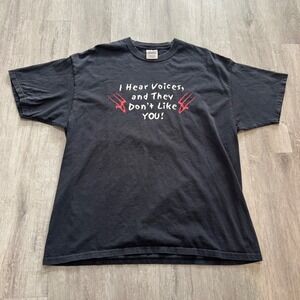 I Hear Voices Graphic T-Shirt Black Mens XL Damage Wear Tee Y2K phrase tee